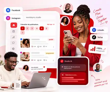 Community managers utilisant Social Sync Studio pour planifier, publier et analyser leurs contenus sur plusieurs réseaux sociaux